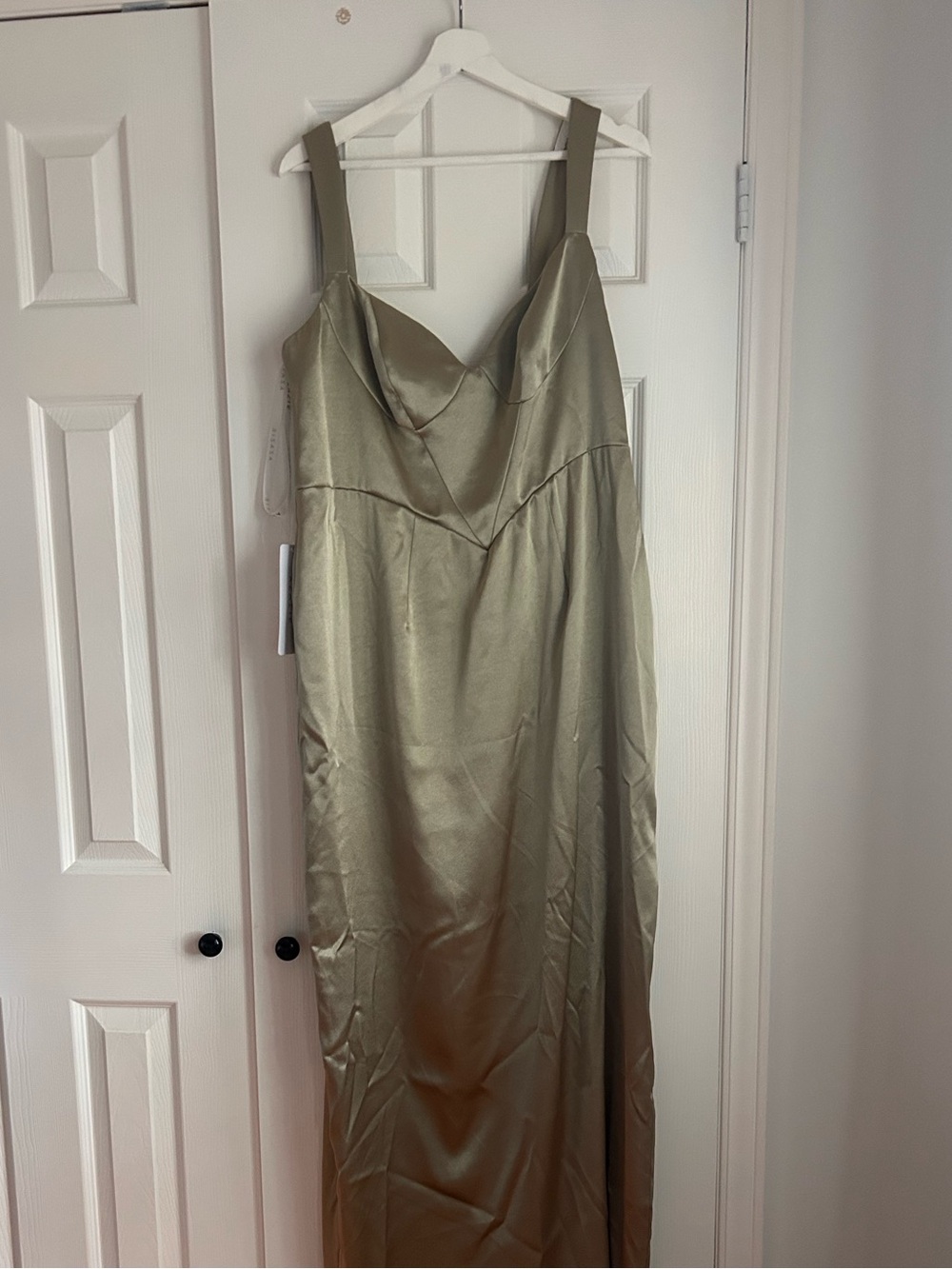 Azazie Satin Maxi Dress in Olive/Gold